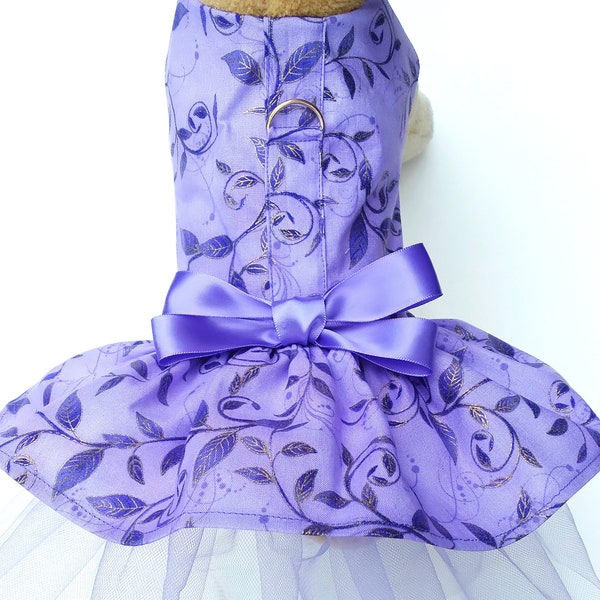 Lavender Pet Harness Dress Double Skirt Tutu w/ Satin Bow Small Dog Puppy Cat Kitten Purple Gold Floral Leaves Fashion Princess Wedding