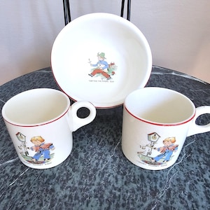 Vintage Wade Heath Pottery Nursery Rhyme Ceramic Children's Bowl & Cups 1940s