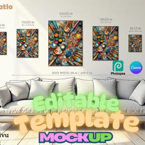 Könnte beinhalten: Ein Mockup eines Sofas mit verschiedenen gerahmten abstrakten Gemälden in einem 3:4 Verhältnis. Die Gemälde zeigen ein farbenfrohes abstraktes Design mit Pinseln und Farbpaletten. Das Sofa ist weiß mit weißen Kissen. Der Text "Editierbare Vorlage MOCKUP" wird unter dem Sofa angezeigt.