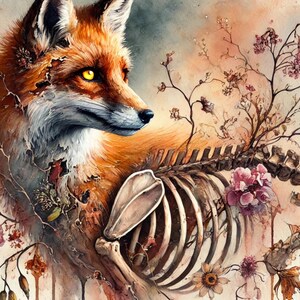 Spirit of the Wild – Fox & Skeleton Nature Art Print | Instant Download