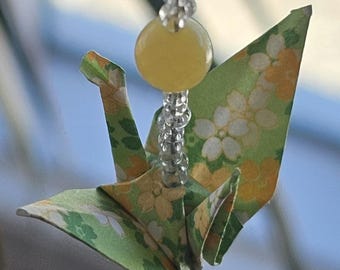 Spring Meadow Origami Crane Ornament – Green Floral Handmade Beaded Hanging Decor, One of a Kind