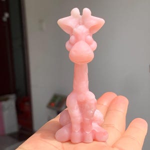 Hand Carved Pink Opal Quartz Crystal Giraffe, Home Decor