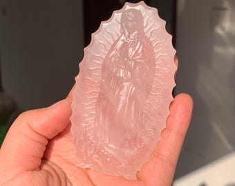 Hand Carved Rose Quartz Virgin Mary Crystal: Home Decor Gift