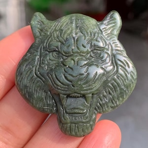 Hand Carved Green Jade Tiger Skull: Crystal Home Decor