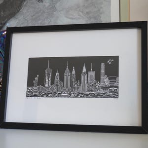 New York City Skyline Linocut Print in Black | Handmade A4 Cityscape Art | Limited Edition NYC Travel Gift | Modern Black & White Print