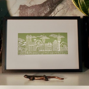 Impresión en linóleo de paisaje urbano de Múnich / Horizonte de Múnich / Arte de impresión / Regalo de viaje / Arte mural de galería / Impresión en linóleo con bloques en relieve
