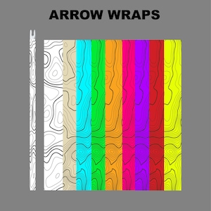May include: A collection of arrow wraps in various colors and designs. The wraps feature a topographic map pattern in white, tan, blue, green, orange, pink, red, and yellow. The words "ARROW WRAPS" are printed in black at the top.