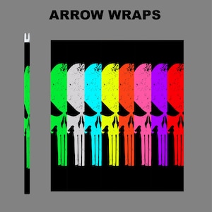May include: Arrow wraps with a skull design in various colors, including green, white, blue, yellow, orange, pink, purple, and red. The wraps are displayed on a black background with the text "ARROW WRAPS" above.