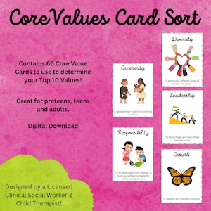 May include: A pink background with text that reads "Core Values Card Sort". There are eight colourful cards with illustrations and text. The cards are titled "Diversity", "Generosity", "Leadership", "Responsibility", "Growth", "Honesty", "Kindness", and "Courage".