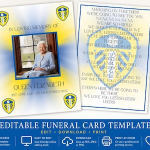 May include: A funeral card template with a photo of Queen Elizabeth, text reading "In Loving Memory Of Queen Elizabeth" and the dates 21st April 1926 - 8th September 2022. The card has a blue and yellow color scheme.