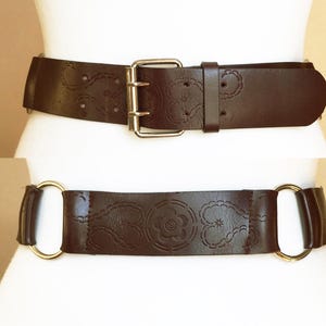 Vintage O-Rings Double Prong Brown Tooled Leather belt 33-38&quot;, 85-97cm