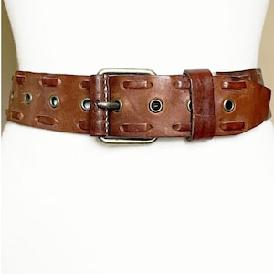 Vintage Grommet Holes Stitched Brown Leather belt