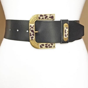 Vintage Wide Black Leather belt, Brass buckle with Cow Hair, 27-34&quot;, 70-87 cm