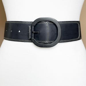 Vintage Black Wide Contrast Stitched Leather belt, 70-85 cm/ 27-33&quot;