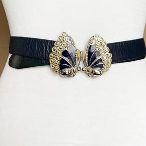 Skinny Vintage 70s 80s Dark Navy Leather belt with Enameled Butterfly buckle