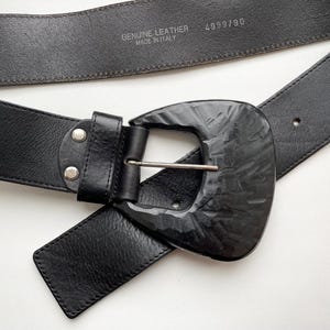 Italian Vintage Black Leather belt with Large Lucite buckle 85-95cm/ 33-37&quot;