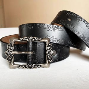 Black L XL Tooled Leather Western Vintage Waist Leather belt, 37-43", 95-110cm