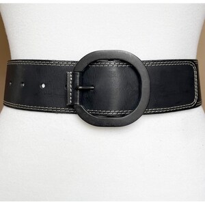Black Wide Vintage Contrast Stitched Leather belt with Matte Black Metal buckle by WE, 70-85 cm/ 27-33&quot;