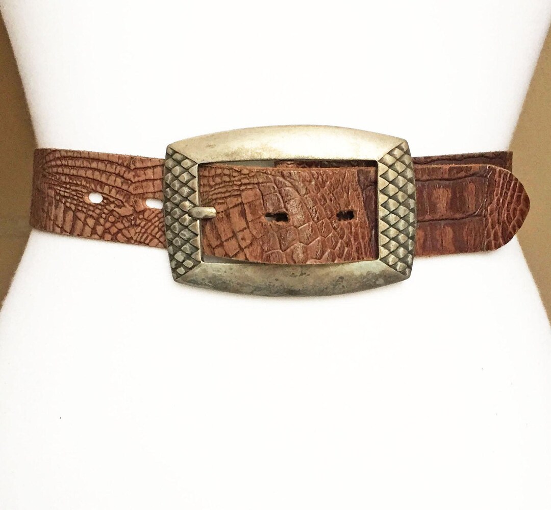 Vintage Handmade Unisex L Brown Leather Western Belt Brass Buckle 35 Inch Vintage Brown Full Grain Leather Western Belt With Brass  main image 4