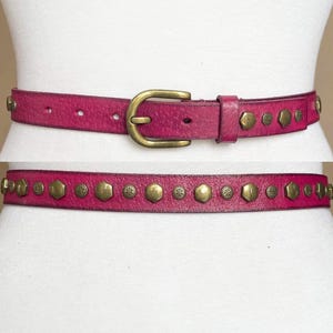 Raspberry Skinny Studded Slim Vintage Leather belt, 80-90 cm, 31-35&quot;