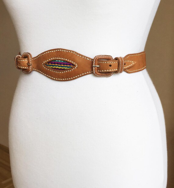 Vintage Light Brown Double Buckle Stitched Leather Belt 29  display picture 2