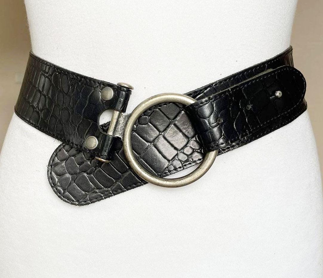Vintage Black Wide High Low Waist Embossed Leather Belt With  display picture 1