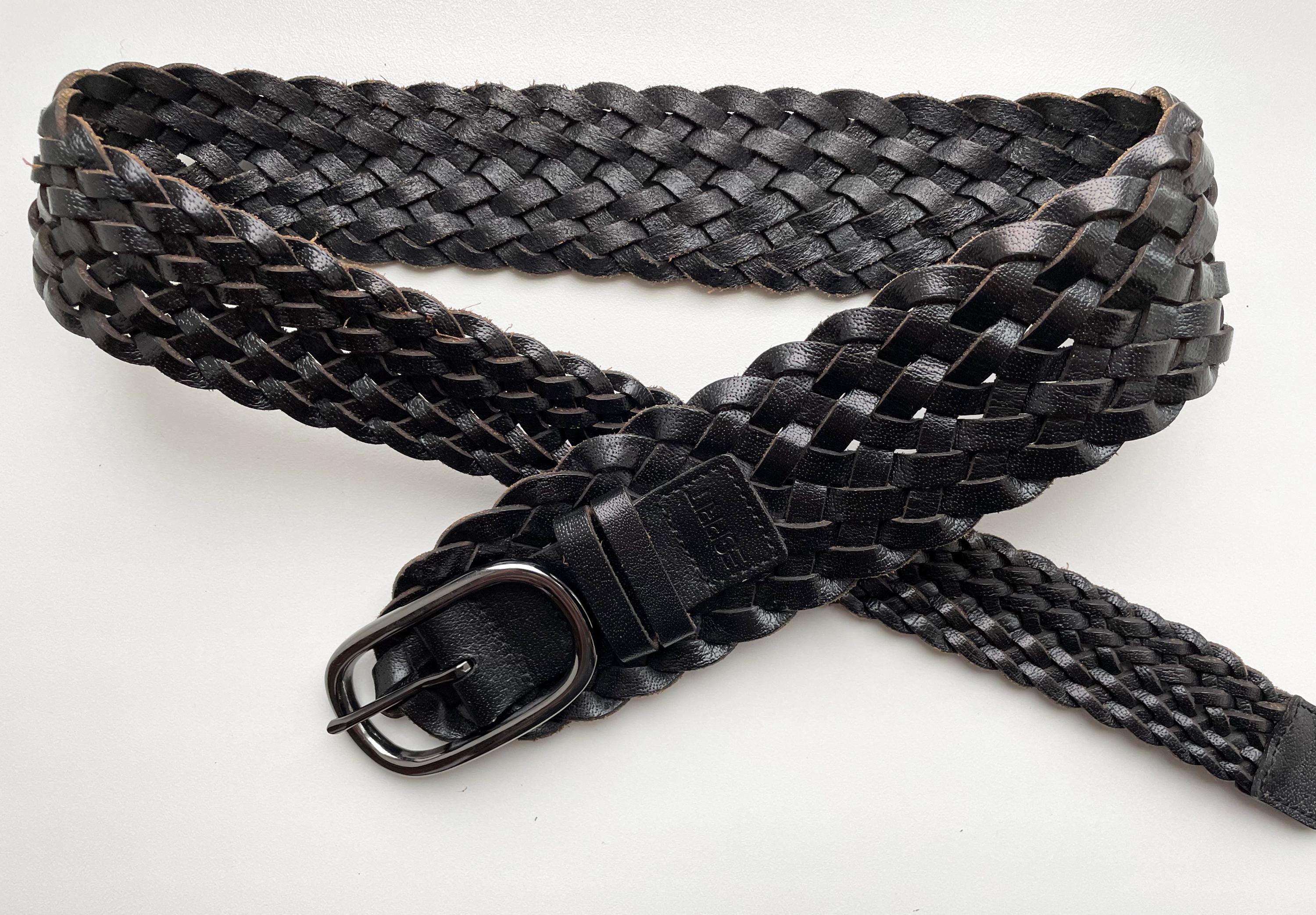 Esprit Women’s Black Buffalo Leather Braided Belt Size M Vintage Style Ring Buck Esprit Vintage Wide Asymmetrical Black Braided Leather Belt  main image 2