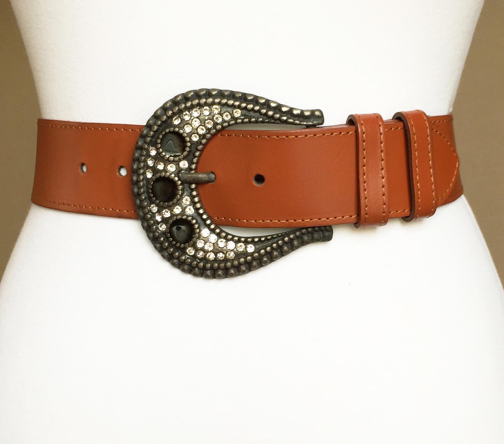 Vintage Brown Leather Belt With Large Brass Jeweled Buckle  display picture 2