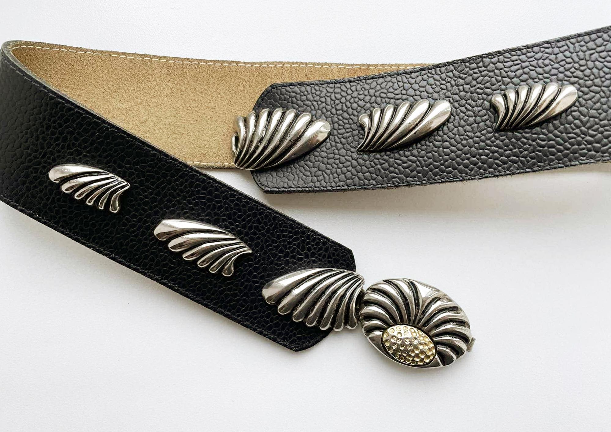 Vintage Richard Gampel Belt Black Leather black Silver Metal & Diamond Like Gems Similar Items to REDUCED Black Leather Belt With Frog Buckle  main image 3