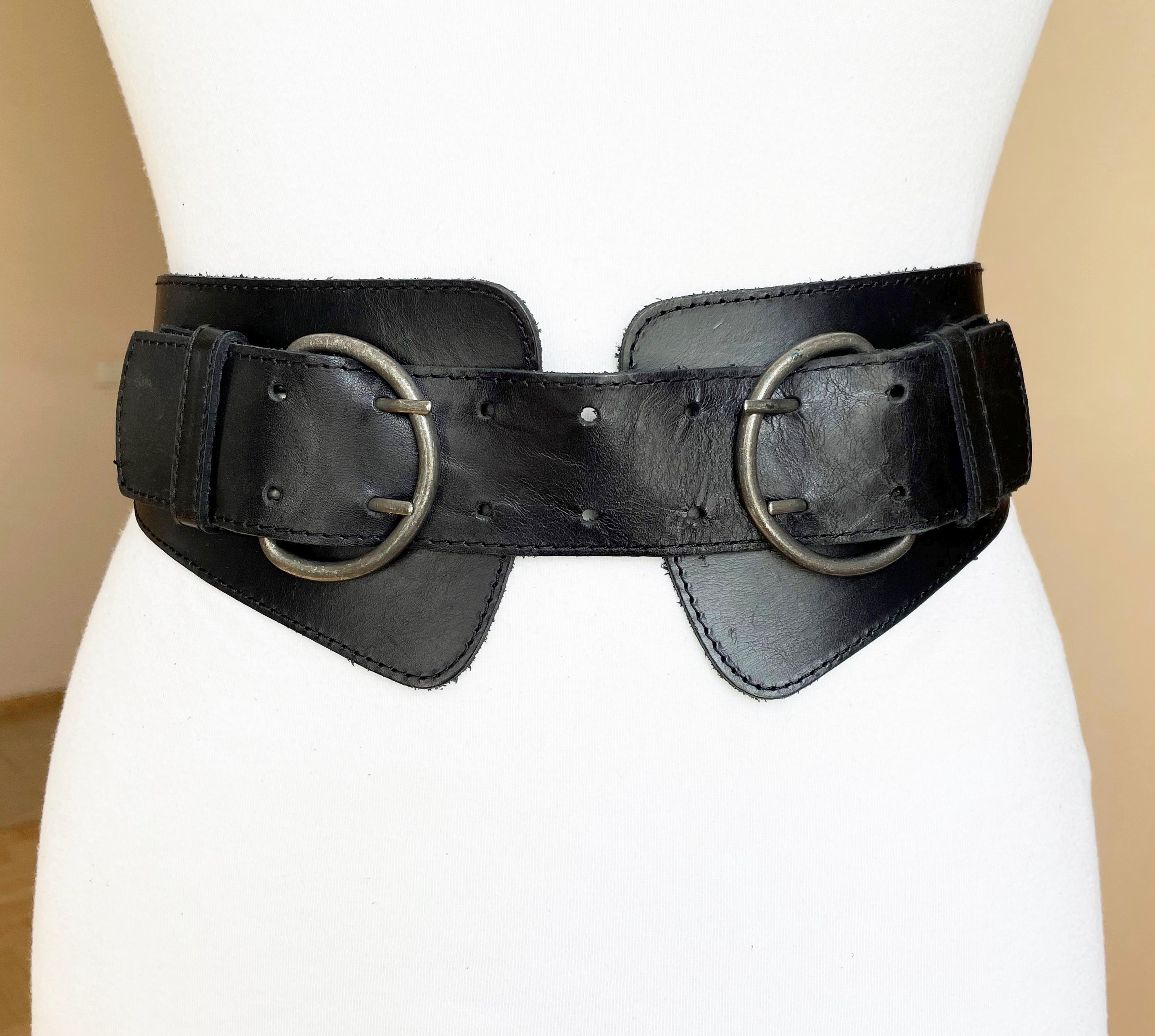 Vintage Wide Double Buckle Black Leather Belt, 27-31