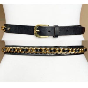 Skinny Vintage Black Leather belt with Gold Chain, 77-87cm/30-34&quot;