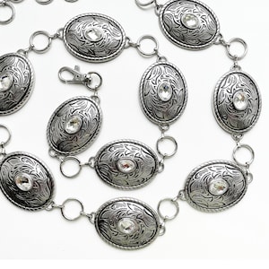 Silber Concho-Kettengürtel mit klaren Kristallen, Länge 94 cm