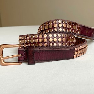 Skinny L XL Cowboysbelt Western Studded Plum Brown Vintage Leather belt, 83-93cm, 33-37&quot;
