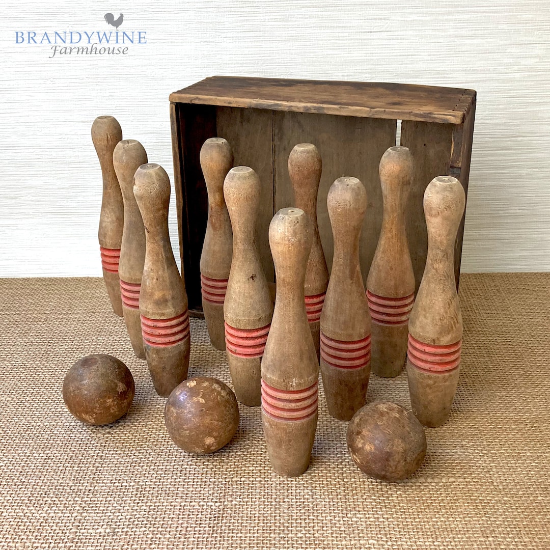 Tabletop Wooden Ten Pins Bowling Game Set Antique Primitive Skittles