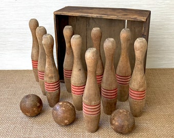 Tabletop Wooden Ten Pins Bowling Game Set Antique Primitive Tabletop Wooden Ten Pins Bowling Game Set Antique Primitive