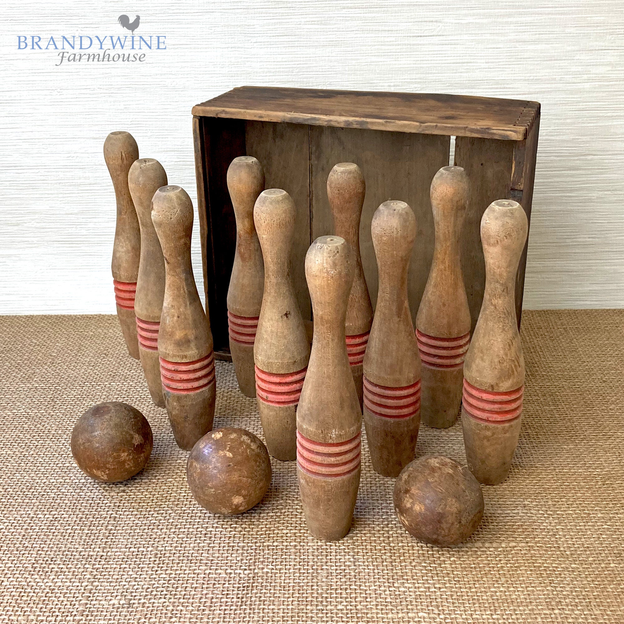 Tabletop Wooden Ten Pins Bowling Game Set Antique Primitive  display picture 1