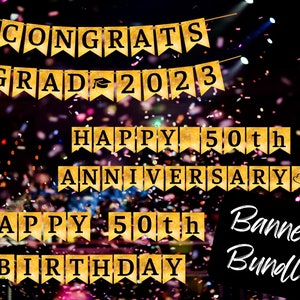 Banner Bundle Digital Download - 50th Anniversary Pennant Banner, Graduation and Birthdays, Create you own! - jPEG &  PDF Format