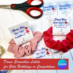 Dance Hair, Don&#39;t Care Birthday Scrunchies Labels to Edit  - personalized Scrunchies for Birthday or Dance Competition - Edit in Free Canva