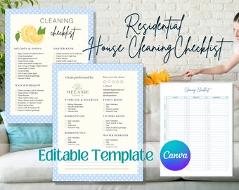 Residential Home Cleaning Checklist, Household Cleaning - Canva Template Digital Download