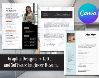 Editable Resume for Graphic Illustrator, and Software Engineer Resume -  Canva Template Digital Download