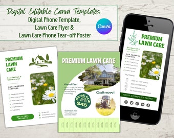 Lawn Care Commercial Flyer with tear-off phone numbers, Landscaping Poster and Digital Phone Card - Canva Template Digital Download