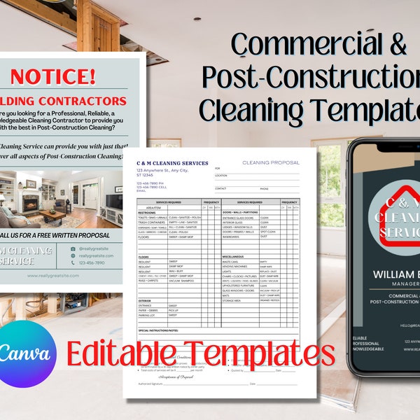 Commercial & Post-Construction Cleaning Editable Canva Template Digital Download