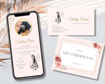 Hair Stylist Digital Business Card, Feminine business card, Price List & Bonus Gift Certificate Canva Templates