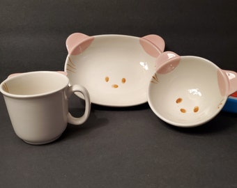 Vintage Kotobuki Japanese Child's Cat Pink and Beige Plate, Bowl, and Cup 3-pc Set