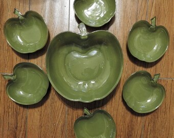 Vintage Hazel Atlas 7-pc Glass Salad Fruit Dessert Serving Set - 1 Large Serving Bowl and 6 small Green Serving Bowls