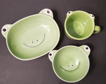 Vintage Kotobuki Japanese Child's Green Hippo  Plate, Bowl, and Cup 3-pc Set