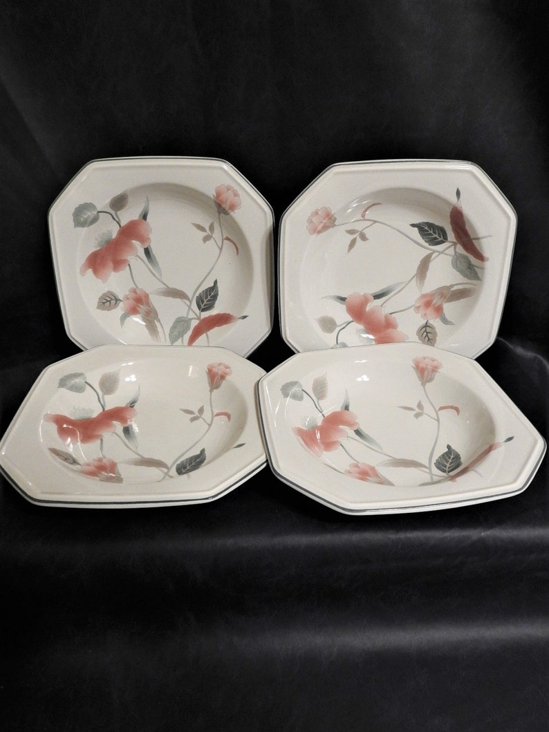 Mikasa Silk Flowers Lot of 4 Soup Cereal Bowls with Pink Flowers and Teal Leaves