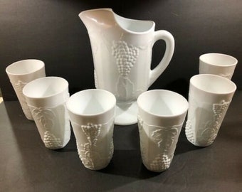 Vintage Milk Glass Unmarked Fenton Grape Hobnail Large 64oz Pitcher and 6 glasses that holds 12 oz Farmhouse Decor