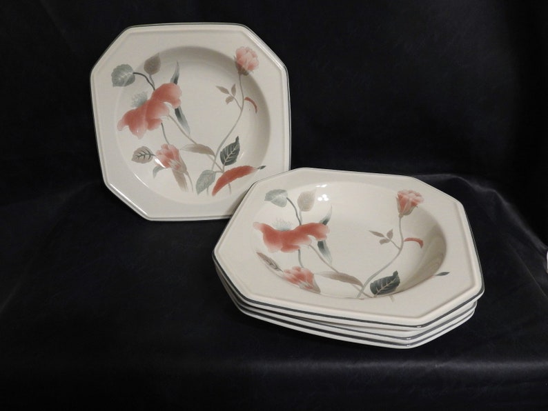 Mikasa Silk Flowers Lot of 4 Soup Cereal Bowls with Pink Flowers and Teal Leaves