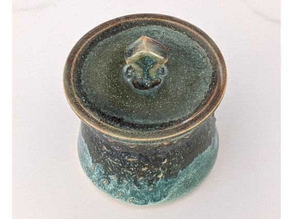 Ceramic sugar jar or bowl with green and brown glazes and full lid handmade by Jason Hooper Pottery